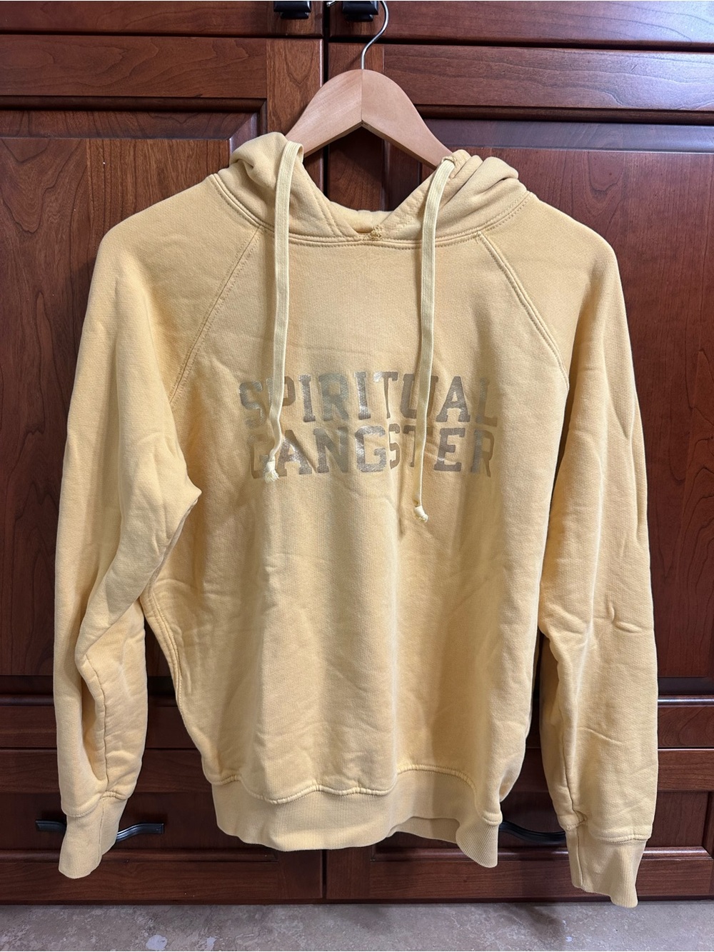 Spiritual Gangster women’s  deep yellow w gold Logo Hoodie in medium